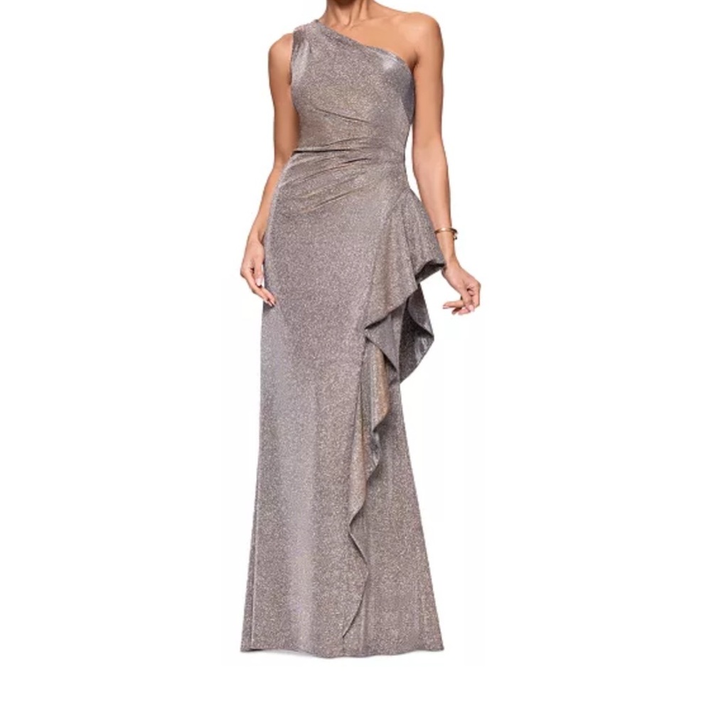Xscape One-Shoulder Metallic Taupe Evening Gown